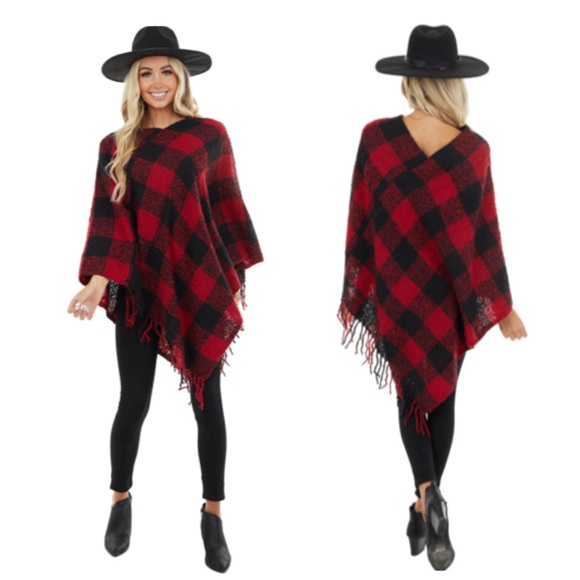 LAST 1 🔥 2 Tone Buffalo Plaid Long Fringe Poncho - Picture 2 of 10